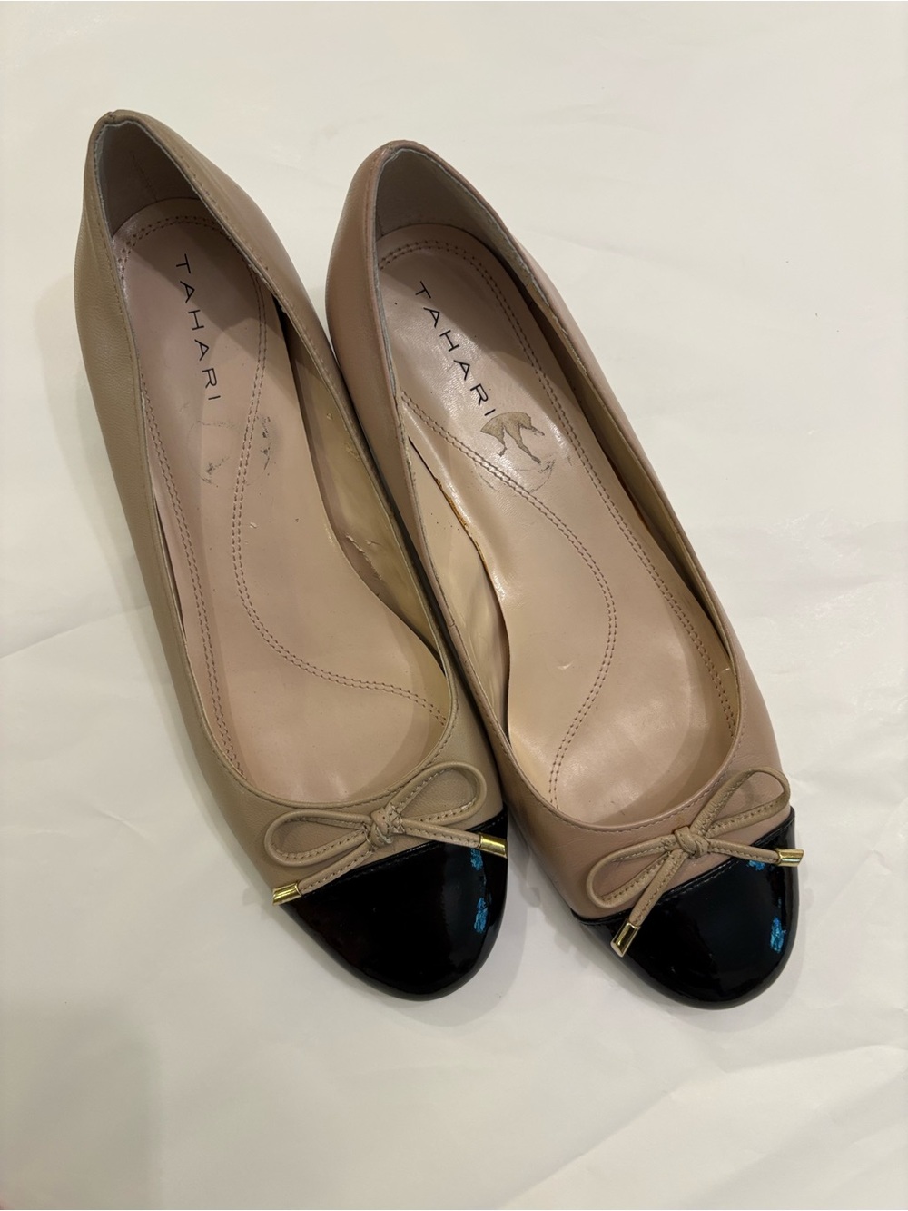 Tahari Nude Beige Flats with Black Patent Cap Toe